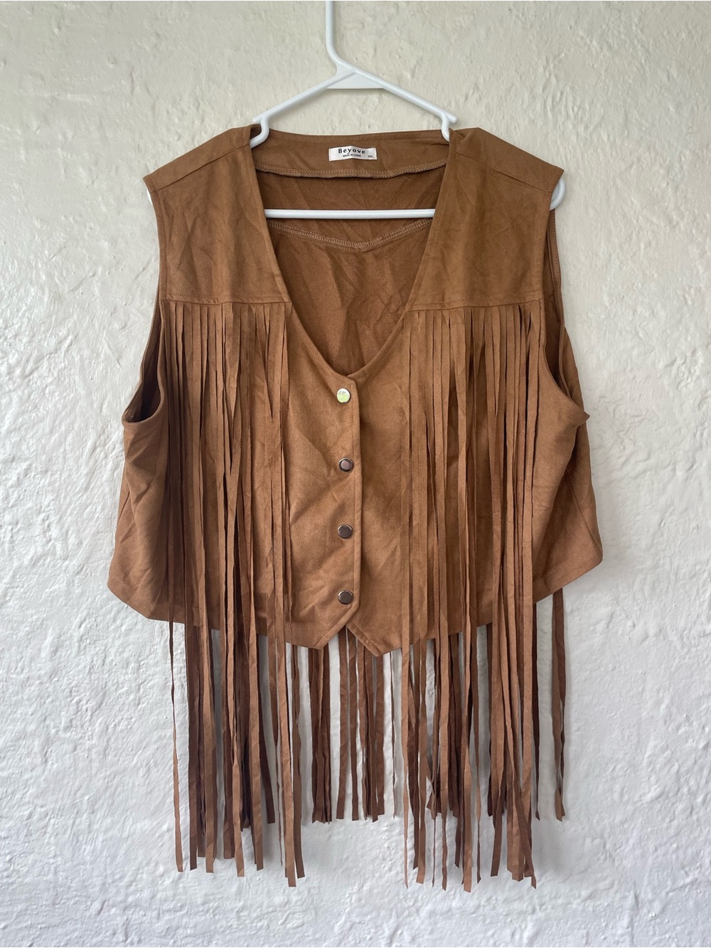 Beyove brown western  faux suede button up vest, long fringe front and back; XXL